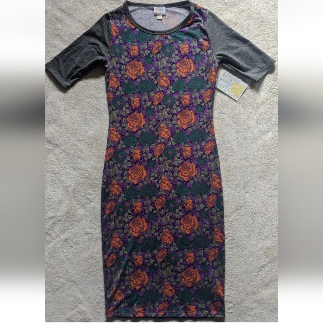Lularoe Woman's Julia Dress Size Xxs - Purple Floral W/ Orange Teal Accent Nwt.